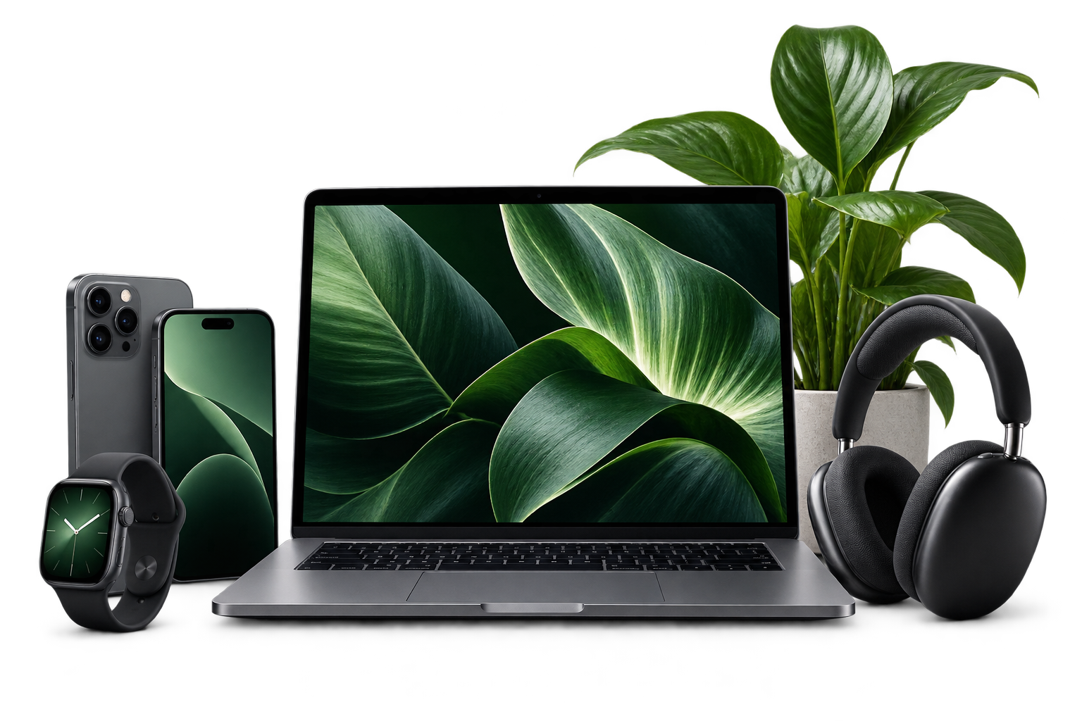 Laptop, phones, smartwatch and headphones